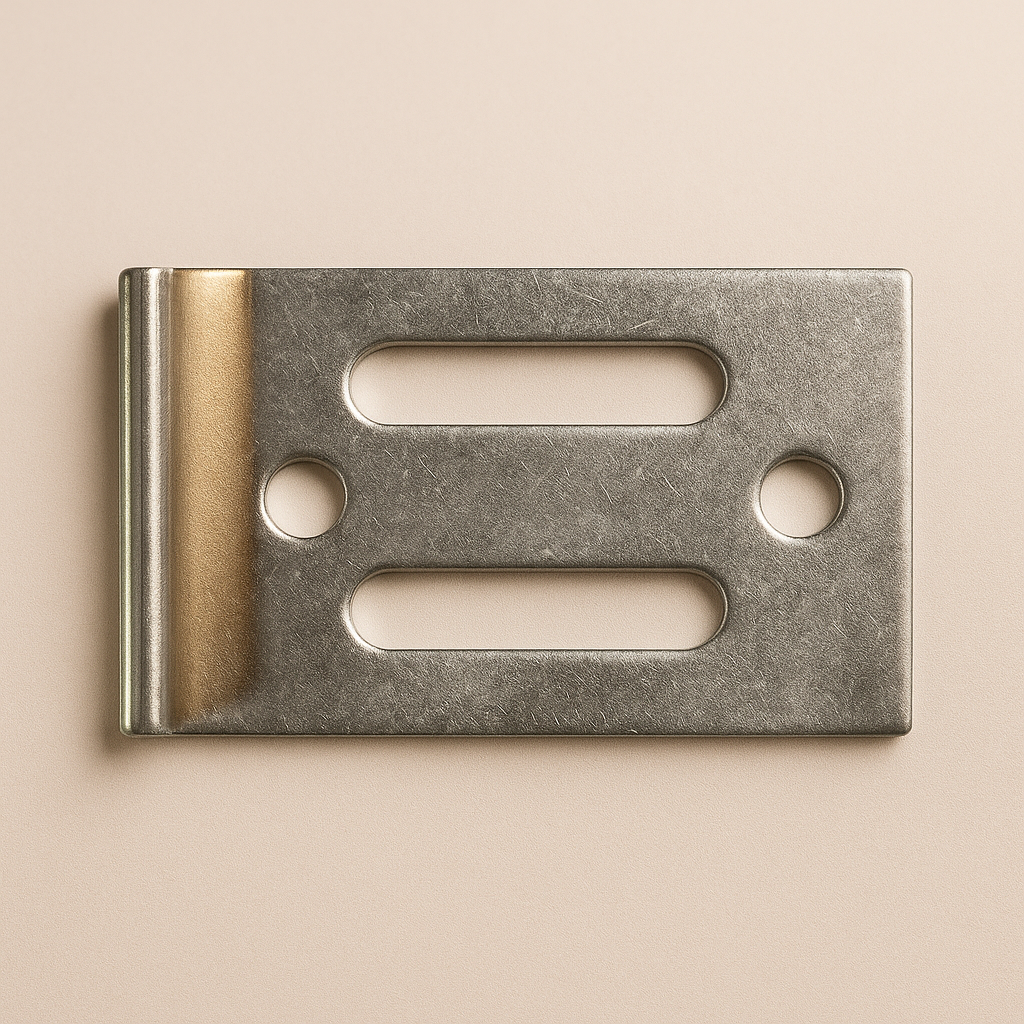 Mirror clip by Best Glass Parts, a small metal fastener used to secure mirrors in place, shown in close-up.