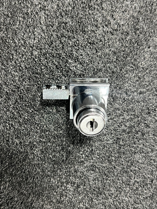 Clear glass showcase lock from Best Glass Parts, showing the locking mechanism and transparent glass enclosure.