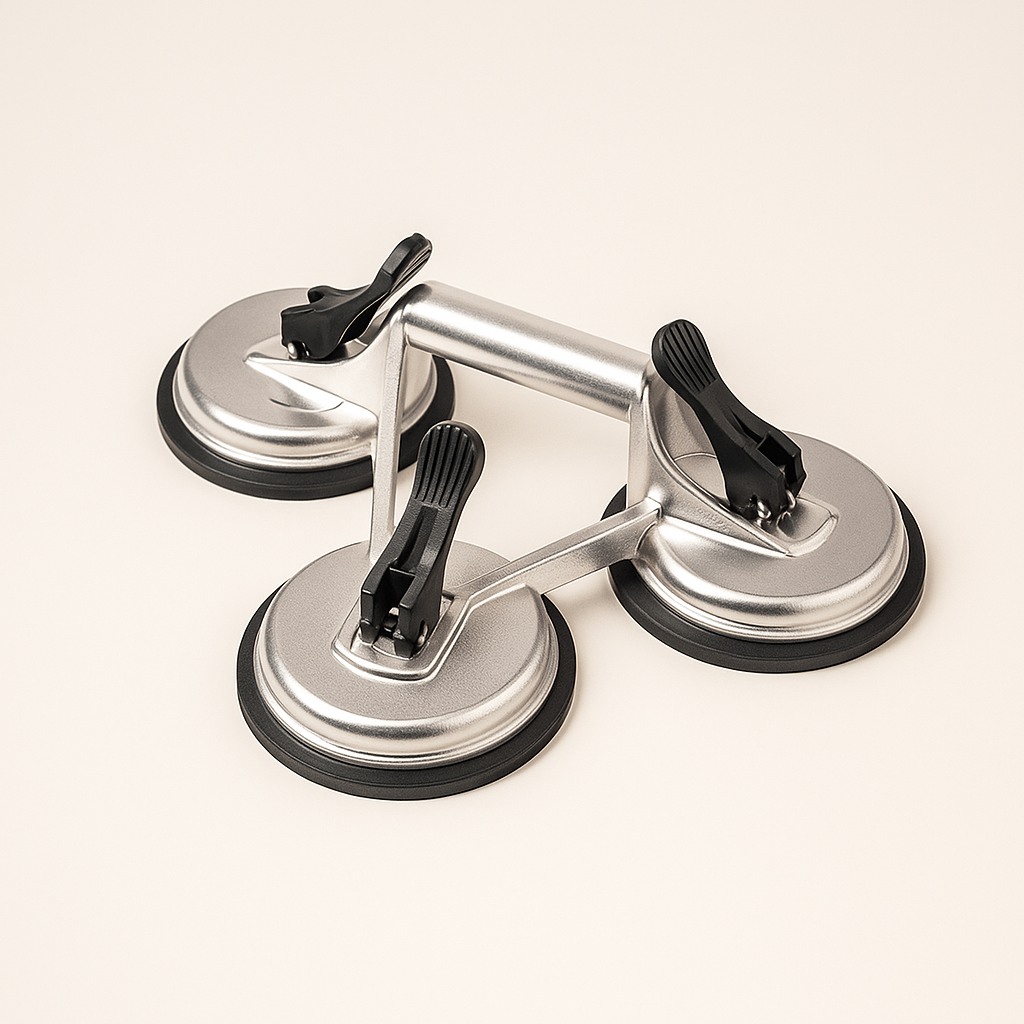 Chrome suction cup triple plate from Best Glass Parts, featuring three suction cups connected by a chrome plate for secure mounting.