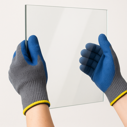 Pair of clear glass carrying gloves from Best Glass Parts, designed for safe handling of fragile glass items.