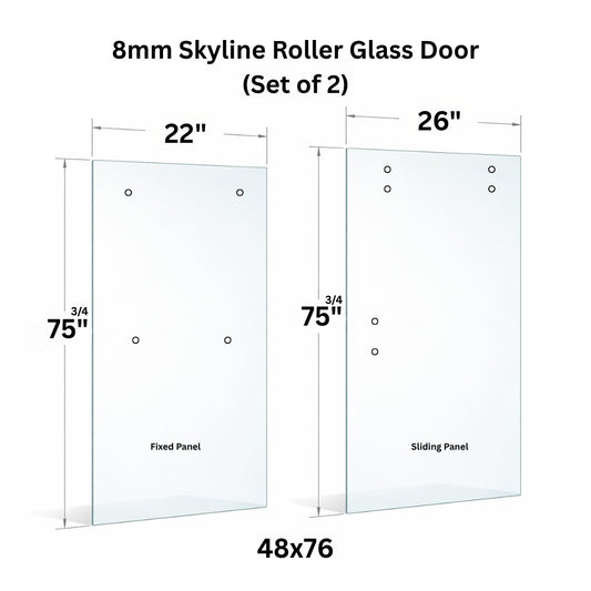 Clear 8mm tempered glass panel with holes for roller sliding door, manufactured by Best Glass Parts.