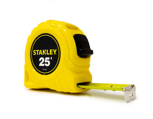 Steel measuring tape by Best Glass Parts, 25ft Stanley rule with 1-inch wide blade and clear measurement markings.