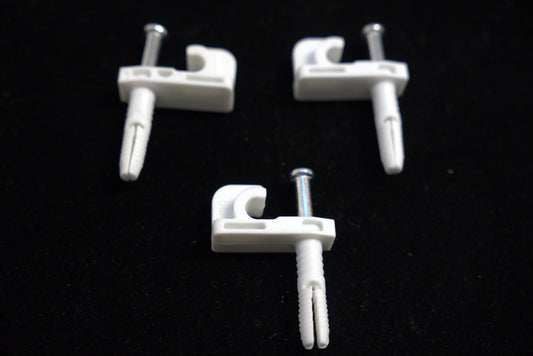 White wire shelving back clip by Best Glass Parts, used to secure wire shelving units in storage or display setups.